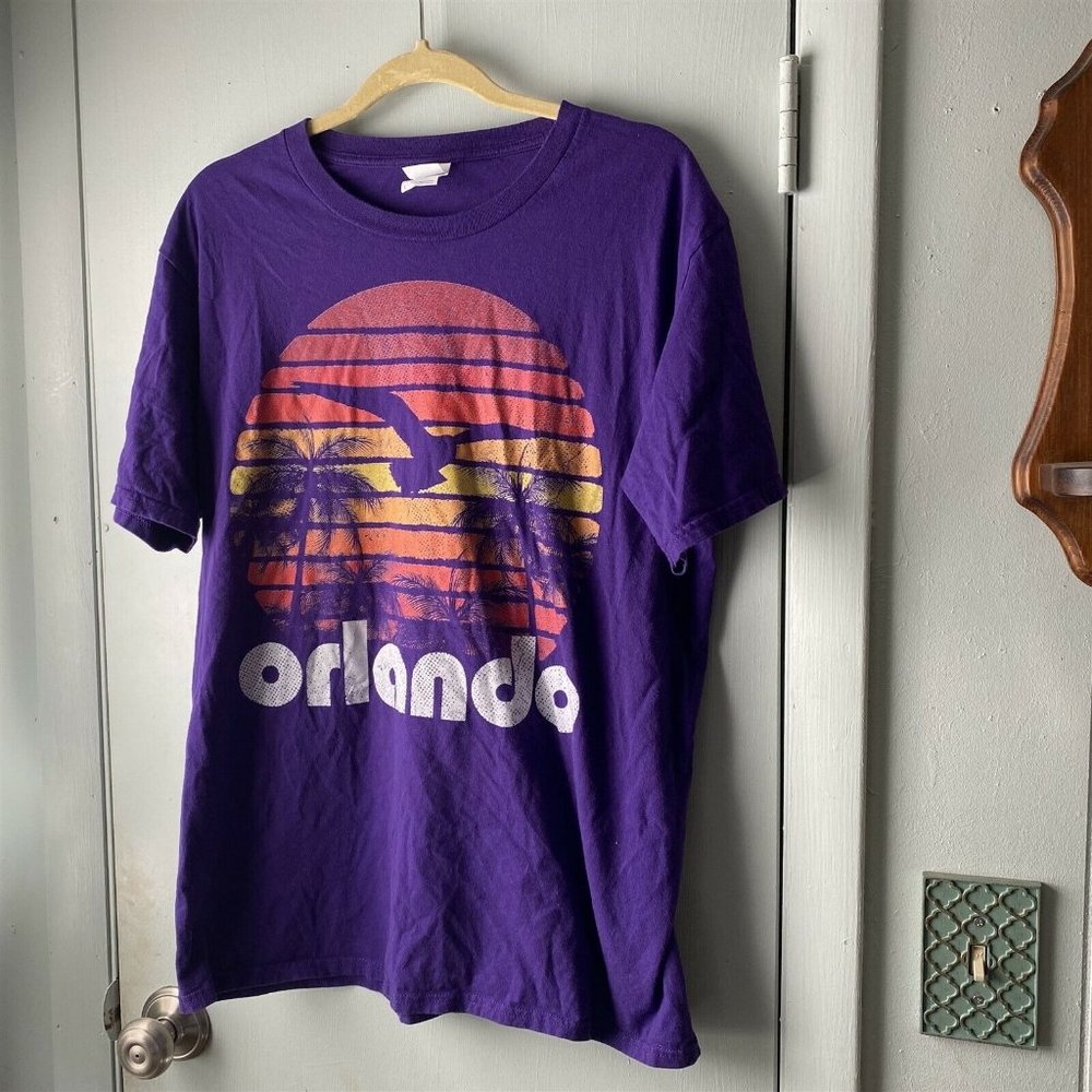 Orlando T Shirt Ring Spun Sun Seagull Palm Tree Purple Large Port and Co